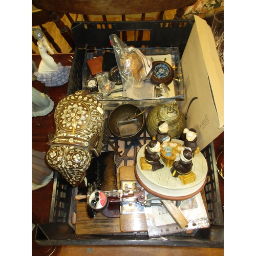 192 - Box with Sewing Machine, Carved Wood Elephant, Watch, Cutlery, Autograph Album etc