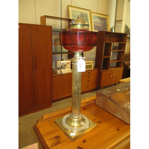 224 - Victorian Brass Pillar Oil Lamp with Ruby Glass Reservoir