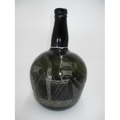 262 - 19th Century Green Glass Onion Shape Bottle having Folk Art Engraving Depicting a Galleon, Deer and ... 