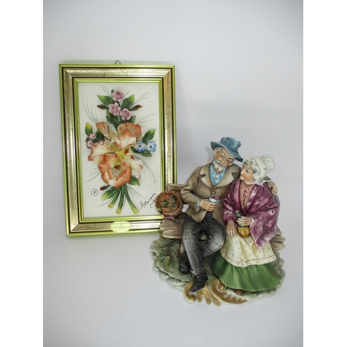 265 - Capodimonte Figure Group, 16cm high and a Flower Plaque