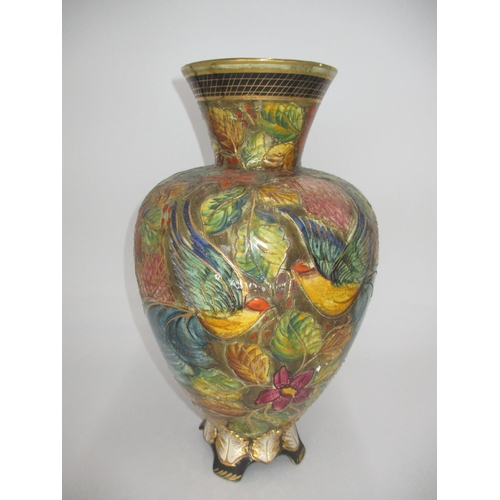 282 - Belgian Pottery Vase having Incised Bird, Floral and Leaf Decoration by Bequet, 35cm