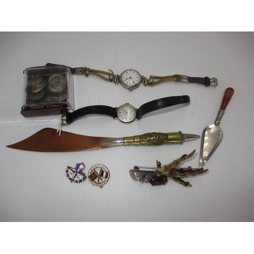 290 - Somme 1916 Trench Art Letter Knife, Silver Mounted Claw Brooch, Coins, Page Marker, 2 Watches and Ba... 