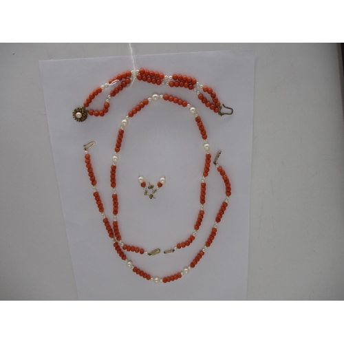 316 - Two Pearl and Coral Necklaces with 9ct Gold Clasps, Pair of Ear Drops and a Bracelet