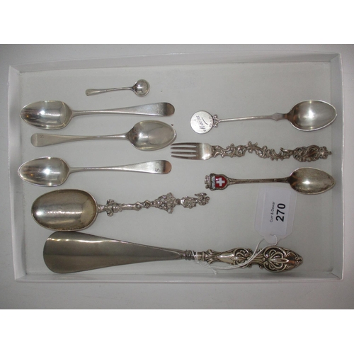 270 - Three Georgian Silver Teaspoons, 3 Silver Spoons, Silver Handle Shoe Horn and Continental Spoon and ... 