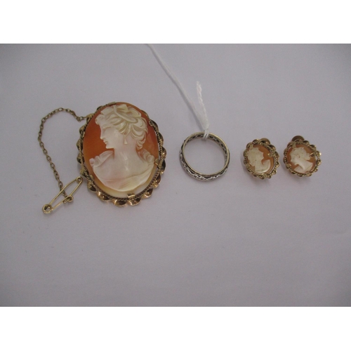 308 - 9ct Gold Mounted Cameo Brooch and a Pair of Ear Clips, along with a 9ct Gold and Silver Eternity Rin... 