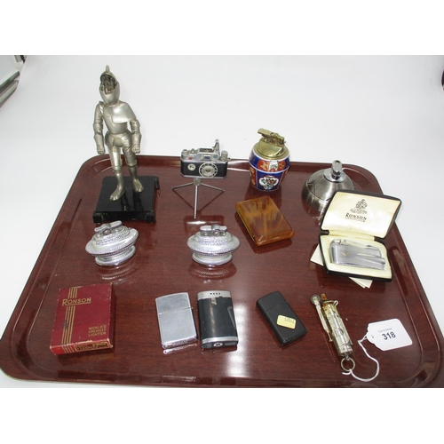 318 - Novelty Camera Lighter, Knight Table Lighter, Zippo and Ronson Lighters etc