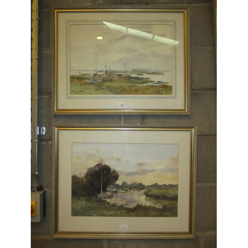 377 - Lindsay Clark, Pair of Watercolours, Moorings Aldeburgh Suffolk and Evening on The Frome Dorset, 34x... 