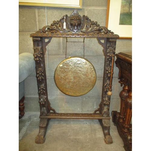 588 - Victorian Gothic Carved Oak Frame Gong with Beater