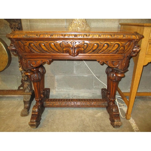 589 - Victorian Gothic Carved Oak Single Drawer Hall Table having Lion Masks and Serpent Supports, 82x59cm