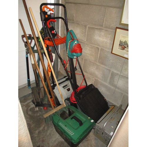 569 - Qualcast Mower, Scarifier, Hedge Cutter, Strimmer and Various Tools