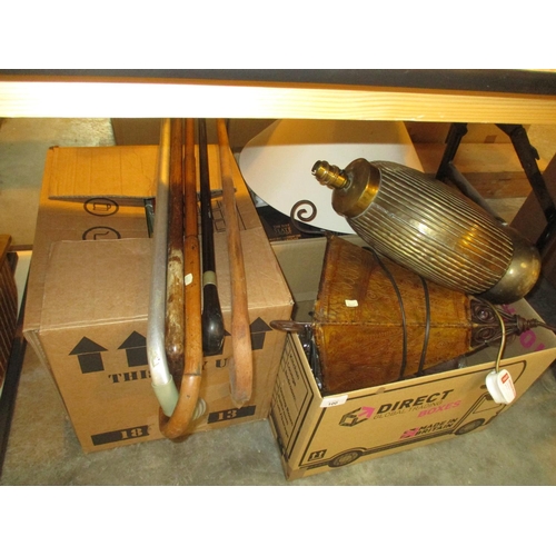 100 - Five Walking Sticks, Lamps and 3 Boxes of China, Glass etc