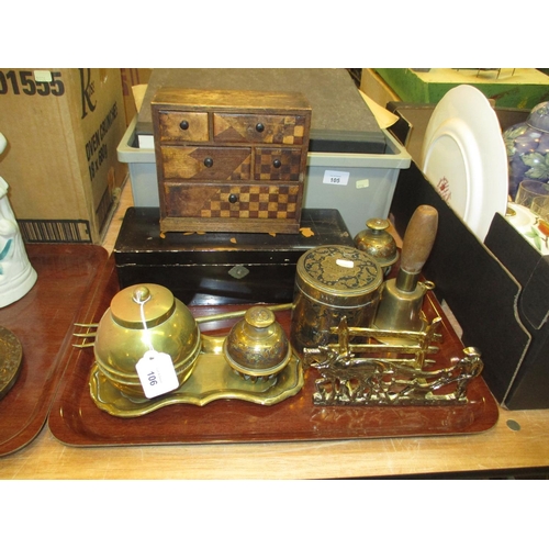 106 - Eastern Lacquer Box, Small Parquetry Chest and a Selection of Brasswares