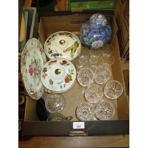 107 - Two Royal Worcester Casseroles, Ginger Jar, Crystal Goblets and Tumblers etc