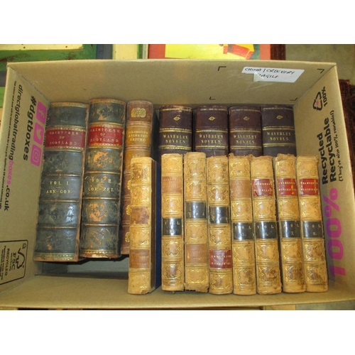 108 - Box of Leather Bound Books including The Gazetteer of Scotland (2) and Waverley Novels (4)