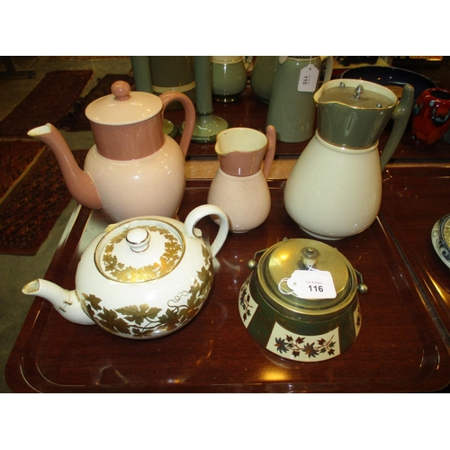 116 - Two MacIntyre Pottery Teapots, 2 Jugs and Preserve Pot