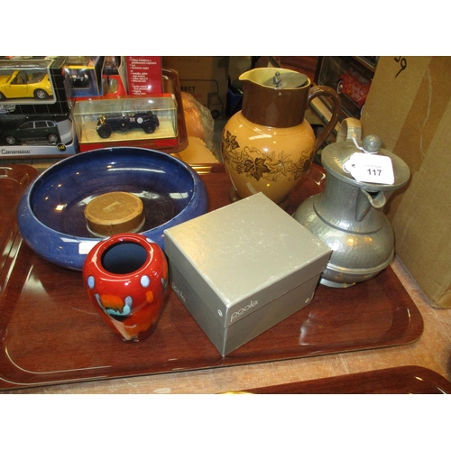 117 - Poole Pottery Vase, Pottery Bowl and Jug, Pewter Jug and Travelling Cup