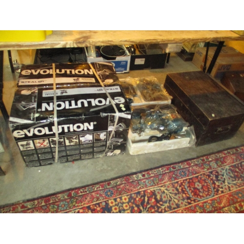 162 - Evolution Mitre Saw, Clarke Drill and Box of Toys