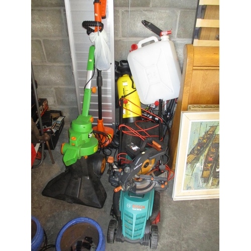 192 - Bosch Electric Mower, Evolution Saw, Garden Vacuum, Strimmer, Ramp, Sprayer, Hoist and Container