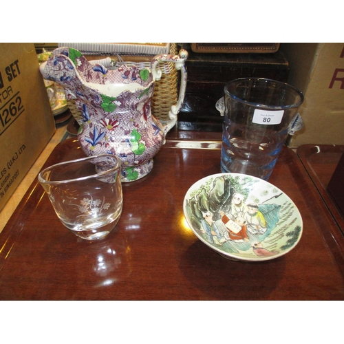 80 - Victorian Pottery Jug, Chinese Dish and 2 Glass Vases