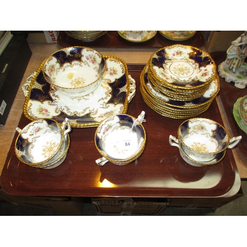 84 - Coalport Porcelain Blue, Gilt and Floral 21 Piece Tea Set