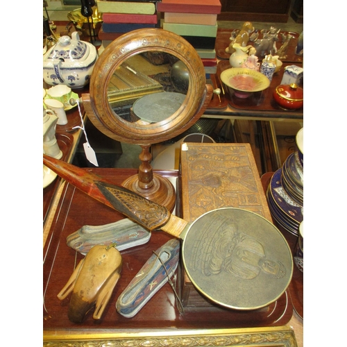 94 - Buddha Mirror, African Carved Box, Pair of Chinese Needlework Shoes, Pedestal Mirror and Carved Plaq... 