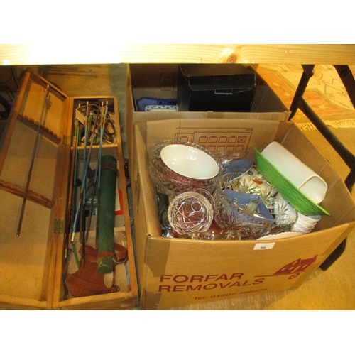 98 - Cased Archery Set and 2 Boxes of Ceramics, Glass etc