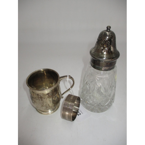 422 - Silver Christening Mug, Birmingham 1933, 74g, Silver Napkin Ring and a Sugar Caster