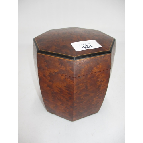 424 - Burr Wood Octagonal Tea Caddy, 13cm high