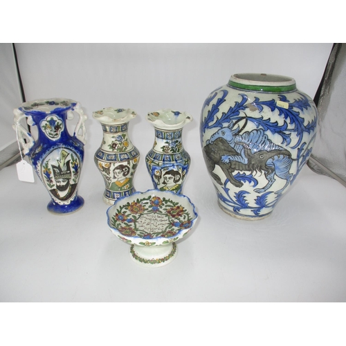 432 - Three Persian Pottery Portrait Vases, Mythical Beasts Vase and Small Comport, largest 26cm high