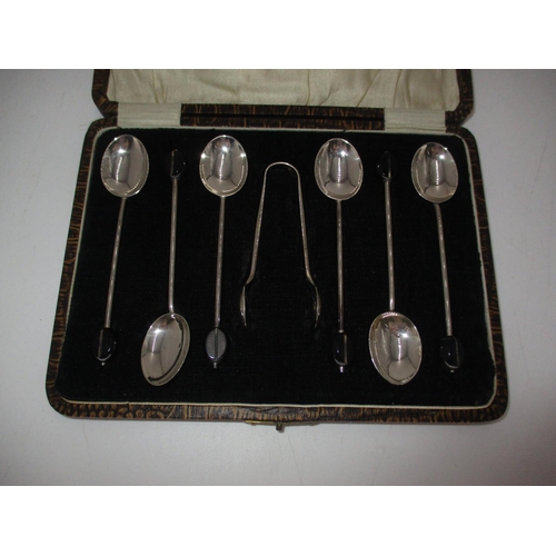 433 - Cased Set of 6 Silver Coffee Spoons and Tongs, Birmingham 1925