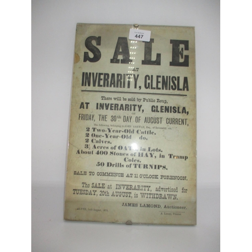 447 - Victorian Advert for James Lamond Auctioneer Sale at Inverarity Glenisla, A. Lunan Printer Alyth 14t... 