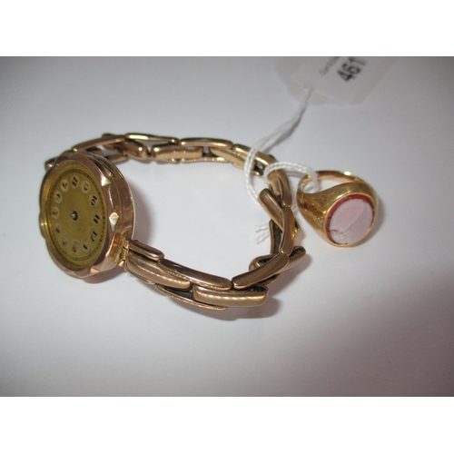 461 - Ladies 9ct Gold Watch on a 9ct Gold Expanding Bracelet and a Gents Signet Ring, total weight 28.1g