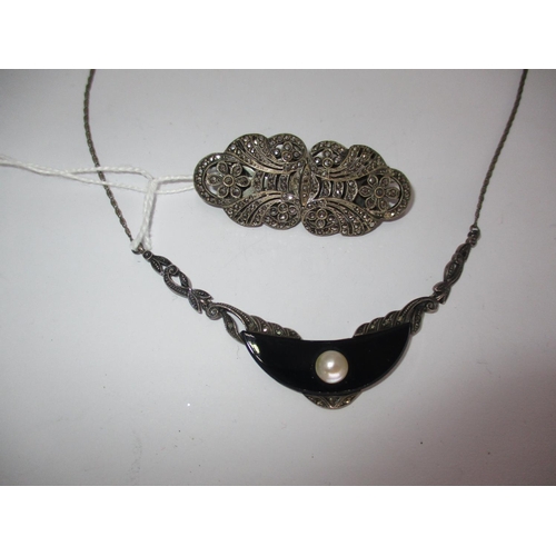 492 - Art Deco Marcasite Necklace and Marcasite Brooch