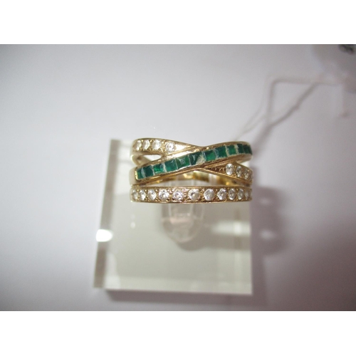 498 - 18ct Gold Emerald and White Stone Crossover Ring, 8.7g, Size S