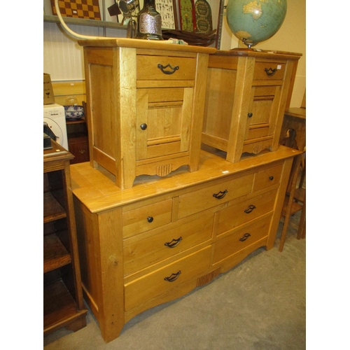 694 - Modern Oak Chest of 7 Drawers, 156cm, and a Pair of Matching Bedside Cabinets