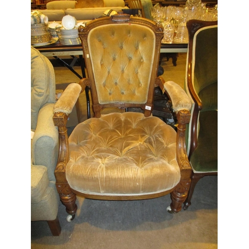 699 - Victorian Walnut and Deep Buttoned Velvet Parlour Chair