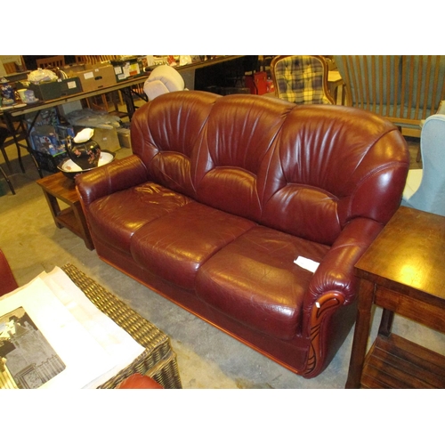 709 - Burgundy Leather and Show Wood 3 Seat Settee