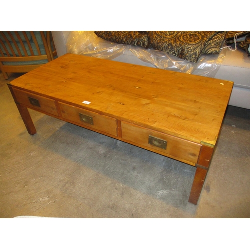 724 - Brass Corner Yew Wood Coffee Table, 121x56cm