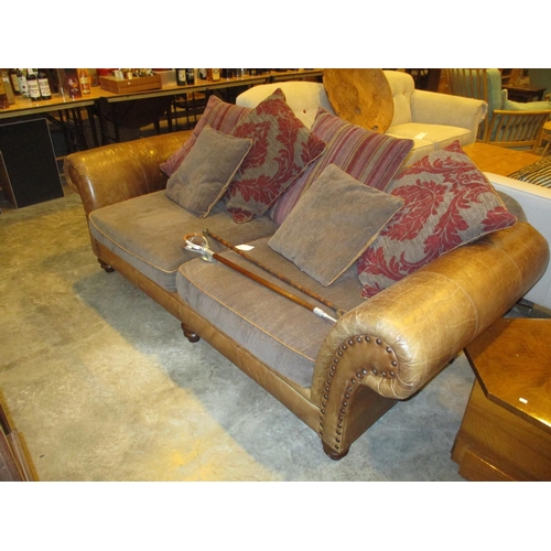 726 - Brown Leather and Fabric Loose Cushion Settee