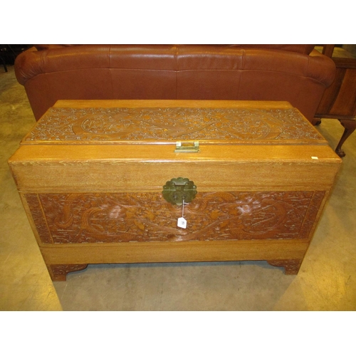 Chinese Ornately Carved Camphor Wood Blanket Box with Padlock and Key
