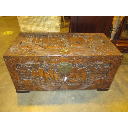 729 - Chinese Ornately Carved Camphor Wood Blanket Box with Padlock and Key