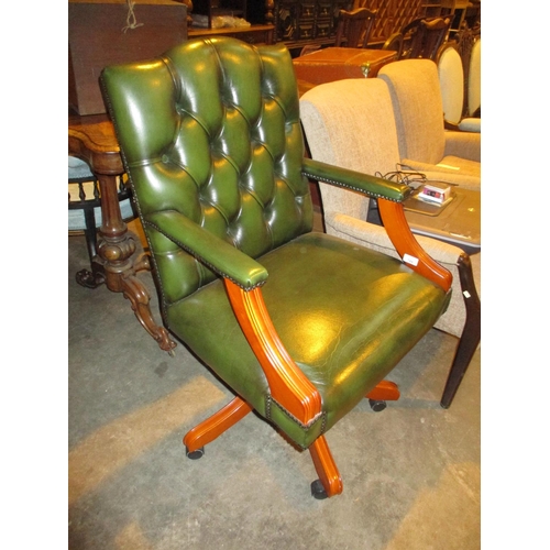 744 - Green Leather Deep Buttoned Desk Arm Chair