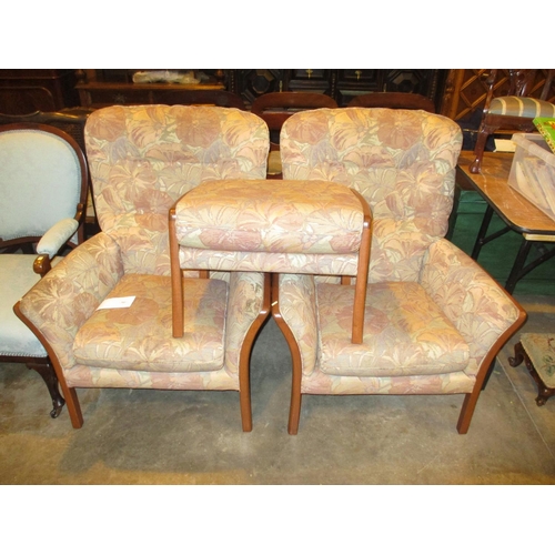 747 - Pair of Wood Frame Lounge Chairs with Stool