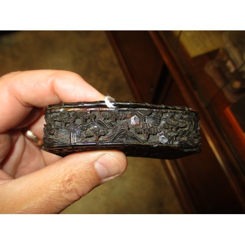 421 - Chinese Ornately Carved Tortoiseshell Snuff Box, 8x6cm