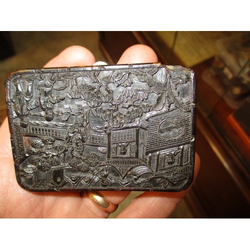 421 - Chinese Ornately Carved Tortoiseshell Snuff Box, 8x6cm