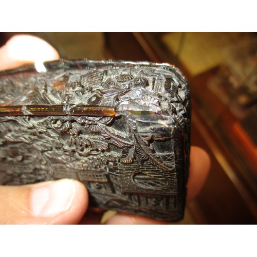 421 - Chinese Ornately Carved Tortoiseshell Snuff Box, 8x6cm