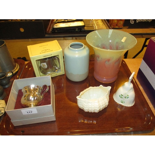 117 - Vasart Glass Vase, Belleek Dish and Bell etc