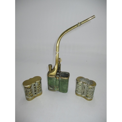 575 - Chinese Shagreen Covered Opium Pipe and 2 Ornate Metal Scroll Holders