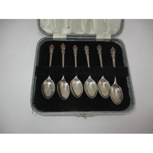 579 - Case of 6 Silver and Enamel Coffee Spoons, Birmingham 1954, Maker GR & S