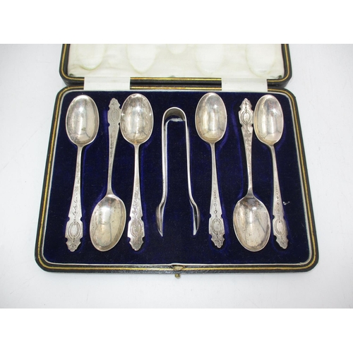 585 - Cased Set of Silver Teaspoons with Tongs, Sheffield 1922, Maker CB & S